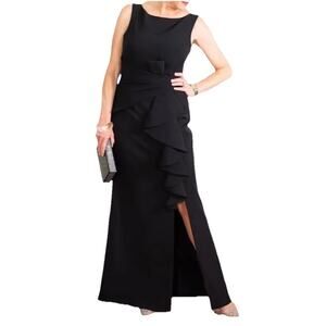 Betsy & Adam Christine Scuba Crepe Ruffle Bow Trumpet Gown Size 22W Color Black